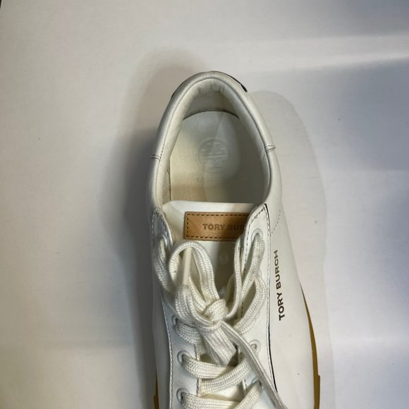 Tory Burch White Leather Olive Gum Sole Court Sneaker in White/Black, Size 7.5 - Picture 3 of 4